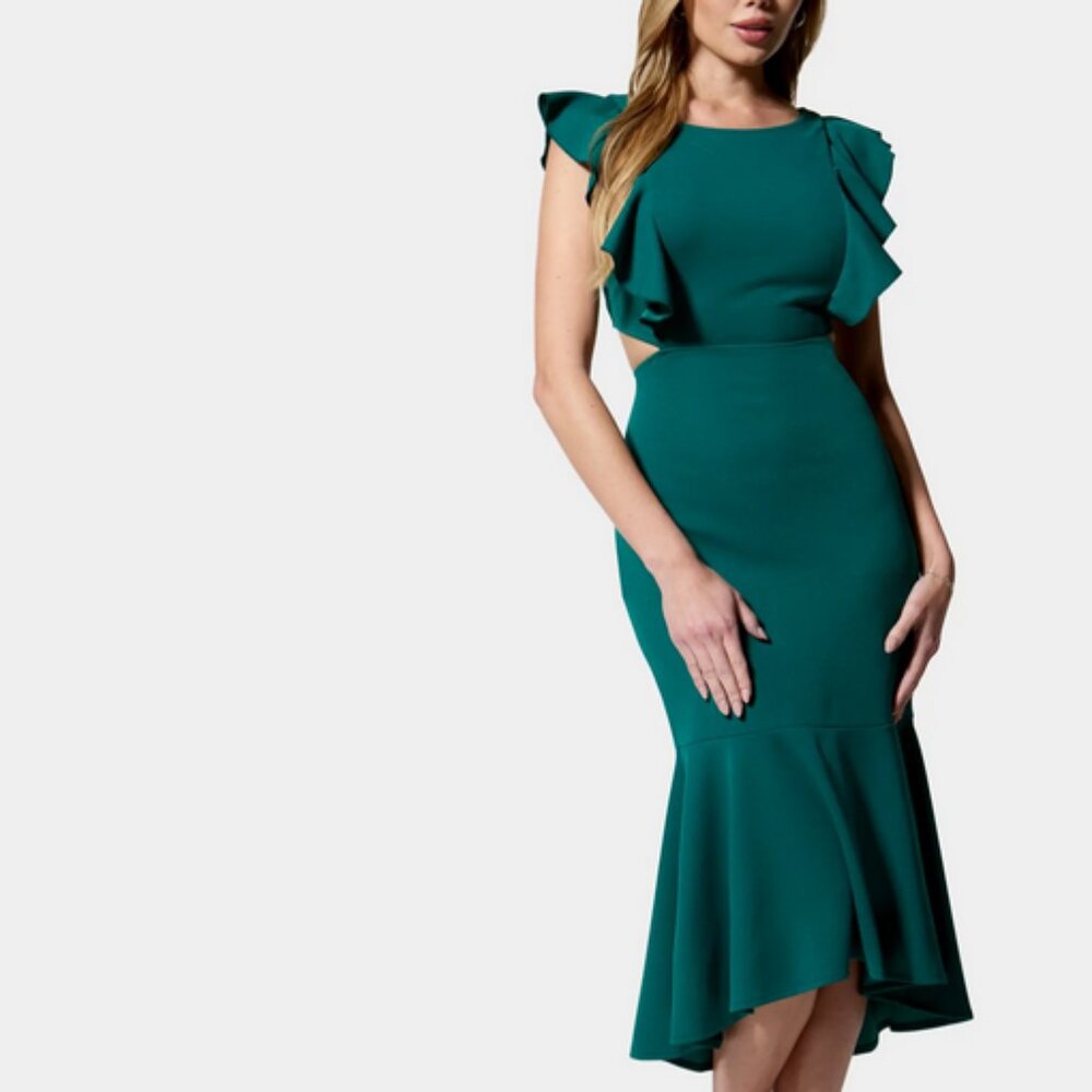 BEBE Open Back Ruffle Midi Dress